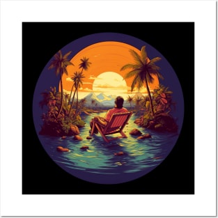 Always on Vacation Tropical Island Mountains Palm Tree Sunset Posters and Art